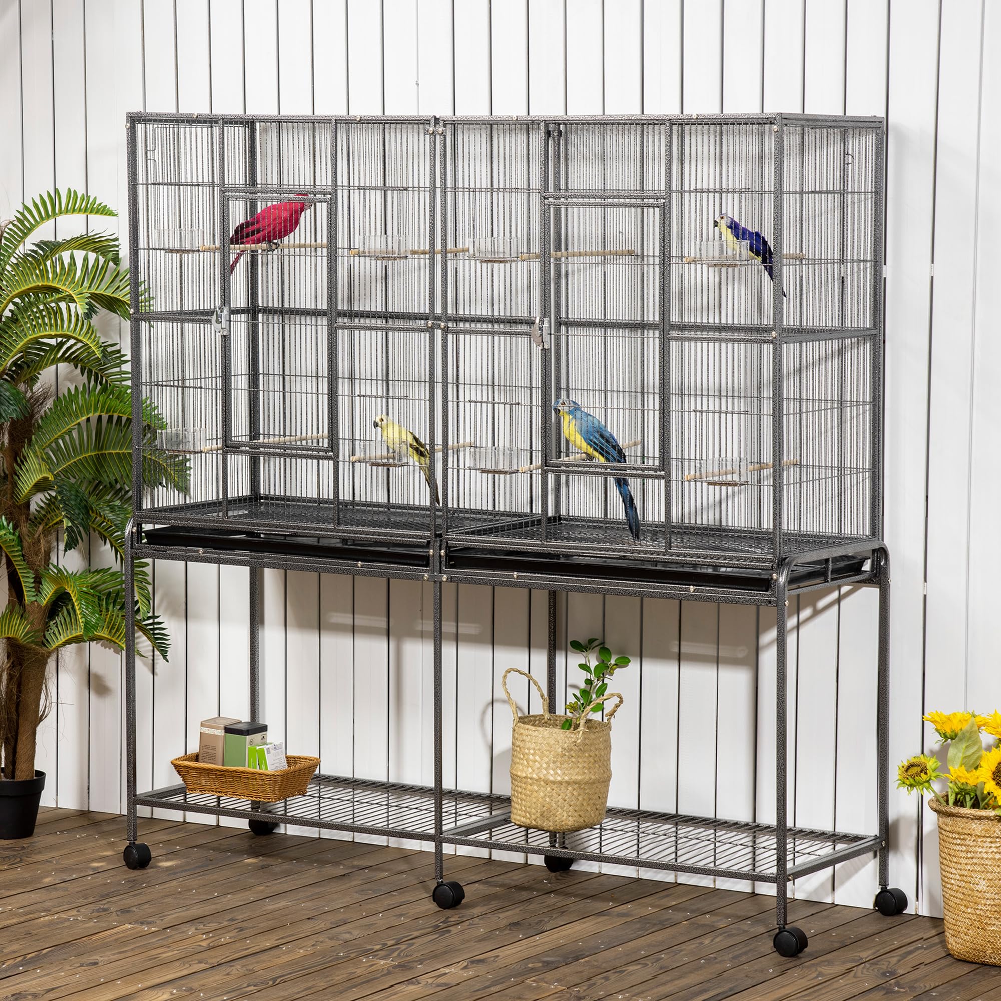 PawHut 30 Rolling Metal Bird Cage Feeder with Detachable Rolling Stand, Storage Shelf, Wood Perch & Food Container